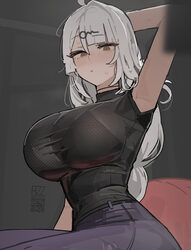 1girl alternate costume arm up armpits azz0422 black shirt blue pants blush bralines breasts commentary english comment…
