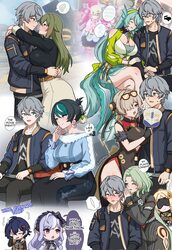 ! 1boy 6+girls ? bare shoulders belle (zenless zone zero) black dress black pants black shirt blindfold mask blonde hai…