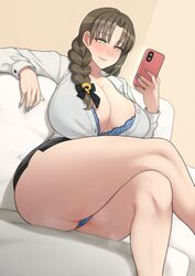 1girl absurdres ass blue bra blue panties bra bra peek braid breasts brown hair cellphone collared shirt commentary cou…