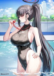 1girl alternate costume alternate hairstyle bare shoulders black hair black halo blue archive bnari breasts commentary …
