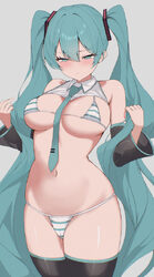 1girl absurdres alternate breast size (larger) aqua eyes aqua hair bikini black sleeves black thighhighs blue bikini bl…