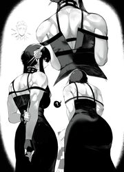 1boy 2girls ? absurdres anya (spy x family) arms behind back ass commentary dress flower from behind greyscale hair flo…