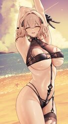 1girl absurdres arm strap armpits arms up azur lane beach bikini black bikini blonde hair blush breasts chain closed ey…