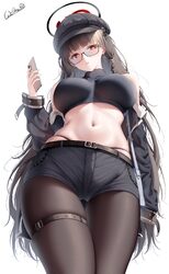 1girl absurdres alternate costume bare shoulders black hair black hat black panties black pantyhose black shorts blue a…