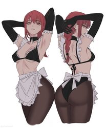1girl apron armpits arms behind head arms up ass ass focus back backboob bare shoulders black bra black gloves black pa…