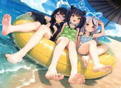 3girls animal ears arm up barefoot beach bikini black bikini black hair blue archive blue bikini blue eyes braid brown …