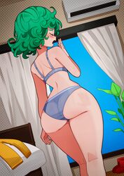 1girl absurdres air conditioner ass bedroom bra closed eyes commentary curtains feet out of frame ghelber0 grey bra gre…