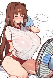 1girl absurdres aozaki aoko blush breasts brown hair buruma ebora electric fan gym uniform highres hot huge breasts lon…