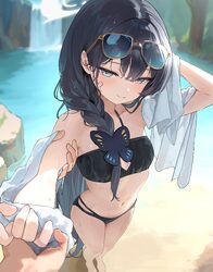 1boy 1girl absurdres bikini black bikini black hair blue archive blurry blurry background braid over shoulder butterfly…
