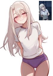 0nineo9 1girl absurdres arms behind back blush breasts buruma closed mouth commentary cowboy shot derivative work engli…