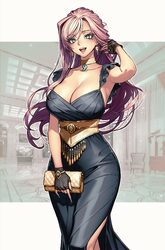 1girl bag black dress black gloves blue eyes blue gem blue nails blush breasts cleavage clutch purse collarbone comment…