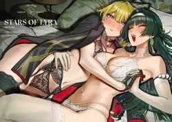 2girls absurdres armlet artist name astra yao bed sheet black choker black garter belt black gloves black jacket black …