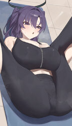 1girl absurdres alternate costume ass bare shoulders black pants black sports bra blue archive breasts cleavage comment…