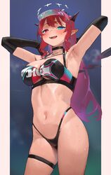 1girl  d absurdres arms up bandeau black bandeau black choker black gloves black horns black panties blue eyes breasts …
