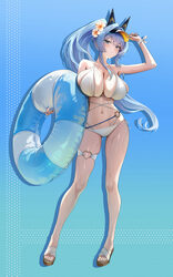 1girl alt text alternate costume bikini blue background blue eyes blue hair blush breasts cleavage flower full body god…