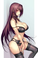 1girl bare shoulders black bra black garter belt black panties black thighhighs blush bra breasts choker cleavage comme…