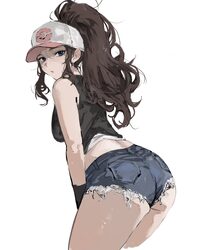1girl ass bare shoulders baseball cap blue eyes breasts brown hair check commentary commentary request cutoffs denim de…