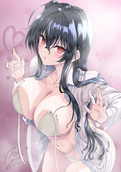 1girl against glass azur lane bikini black hair blush breasts cleavage commentary request heart large breasts long hair…