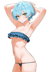 1girl absurdres angela (project moon) armpits arms behind head bikini blue bikini blue hair breasts closed mouth collar…