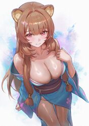 1girl absurdres alternate costume animal ears blue kimono blush breasts brown hair brown sash closed mouth collarbone c…