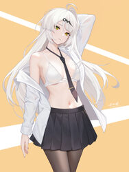 1girl ahoge arm up black necktie black pantyhose black skirt bra breasts cleavage commentary cowboy shot hair ornament …