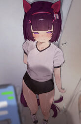 1girl 1other afterimage animal ears black buruma black hair black tail blurry blurry foreground blush buruma closed mou…