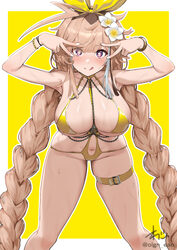 + + 1girl azur lane bikini blonde hair blush bracelet braid breasts commentary request commission cosplay double v flow…