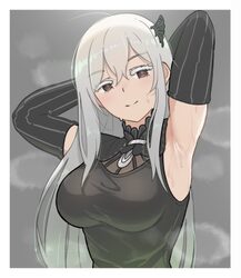 1girl absurdres armpit focus armpits arms behind head border breasts brown eyes closed mouth commentary commentary typo…