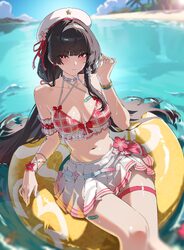 1girl absurdres arm up bandaid bandaid on chest bandaid on leg bare shoulders beach bikini black hair blunt bangs blurr…