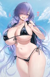 1girl ahoge azur lane bikini black bikini blue sky breasts cloud commentary cowboy shot day drooling english commentary…
