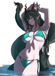 1girl arknights arknights  endfield arms up bare shoulders black hair breasts closed mouth commentary request dragon gi…