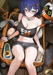 1girl absurdres bangboo (zenless zone zero) belle (zenless zone zero) bikini black camisole black shorts blue hair blus…