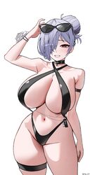 1girl absurdres arm strap arm up bare shoulders bikini black bikini black slingshot swimsuit breasts cinderella (crysta…