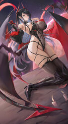 1girl absurdres azur lane bare shoulders black hair black leotard breasts commentary request demon girl demon horns dem…