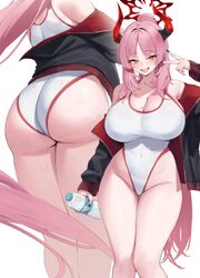 1girl ass ass visible through thighs black jacket black nails blue archive blush bottle breasts cleavage collarbone com…