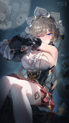 1girl absurdres arms up black sleeves blush breasts brown hair cleavage columbina (genshin impact) commentary request d…