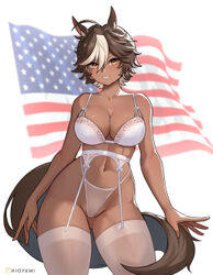 1girl absurdres ahoge american flag animal ears artist name ass visible through thighs bare shoulders blush bra breasts…